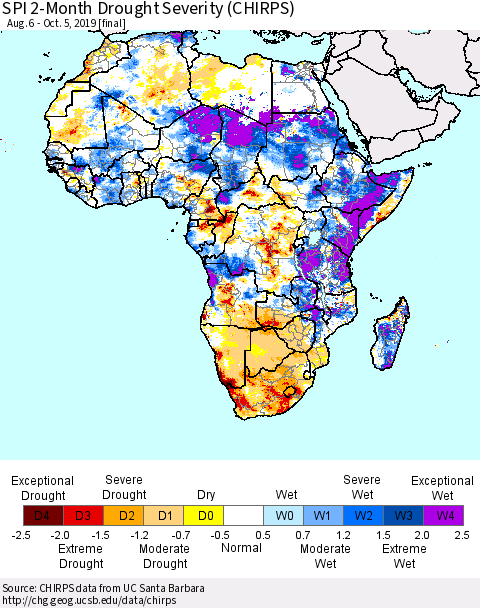 Africa SPI 2-Month Drought Severity (CHIRPS) Thematic Map For 8/6/2019 - 10/5/2019