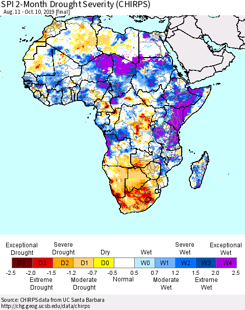 Africa SPI 2-Month Drought Severity (CHIRPS) Thematic Map For 8/11/2019 - 10/10/2019