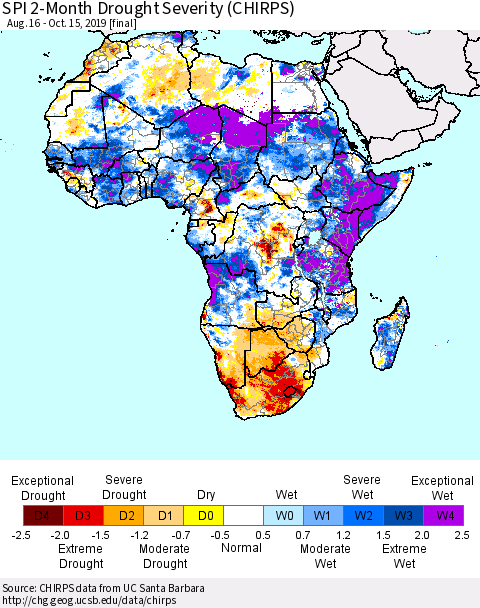 Africa SPI 2-Month Drought Severity (CHIRPS) Thematic Map For 8/16/2019 - 10/15/2019