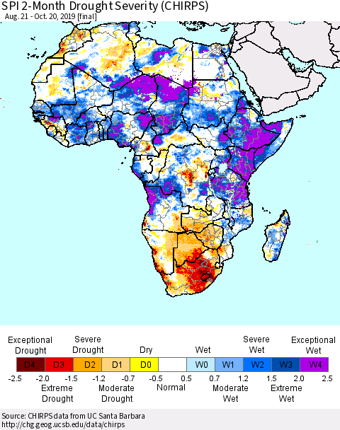 Africa SPI 2-Month Drought Severity (CHIRPS) Thematic Map For 8/21/2019 - 10/20/2019