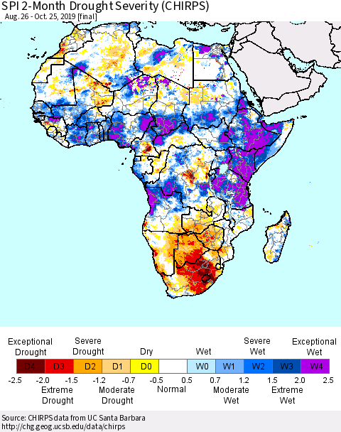 Africa SPI 2-Month Drought Severity (CHIRPS) Thematic Map For 8/26/2019 - 10/25/2019