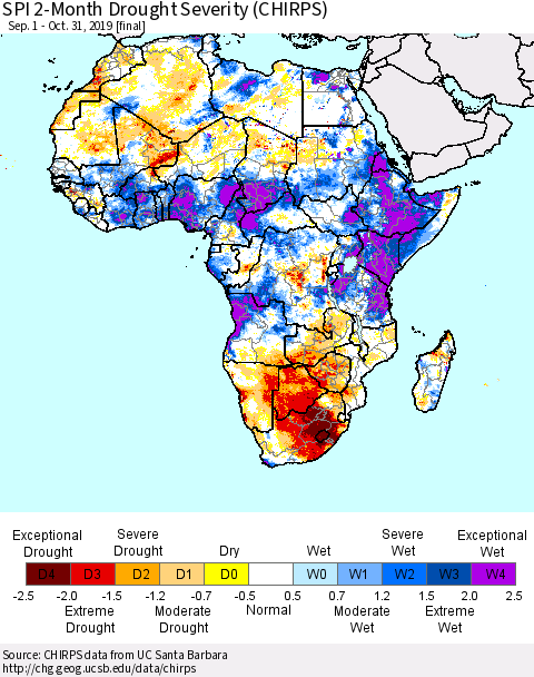 Africa SPI 2-Month Drought Severity (CHIRPS) Thematic Map For 9/1/2019 - 10/31/2019