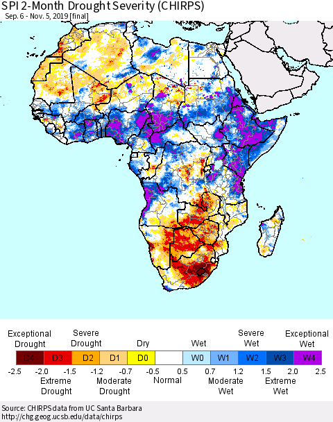 Africa SPI 2-Month Drought Severity (CHIRPS) Thematic Map For 9/6/2019 - 11/5/2019