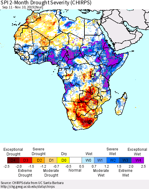 Africa SPI 2-Month Drought Severity (CHIRPS) Thematic Map For 9/11/2019 - 11/10/2019