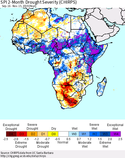 Africa SPI 2-Month Drought Severity (CHIRPS) Thematic Map For 9/16/2019 - 11/15/2019