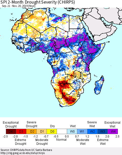 Africa SPI 2-Month Drought Severity (CHIRPS) Thematic Map For 9/21/2019 - 11/20/2019