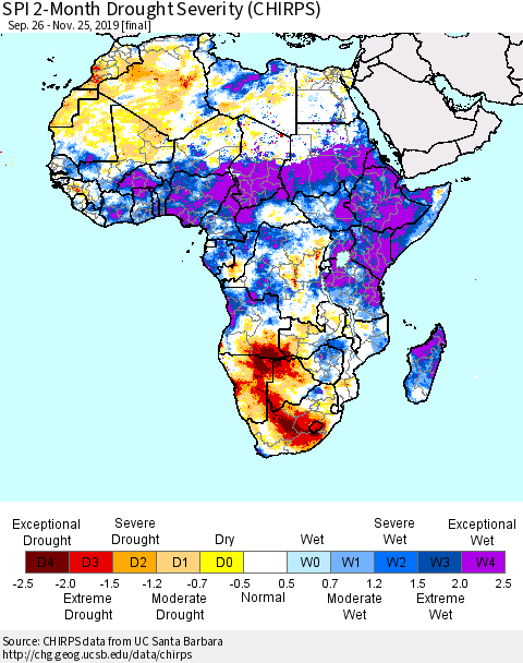 Africa SPI 2-Month Drought Severity (CHIRPS) Thematic Map For 9/26/2019 - 11/25/2019
