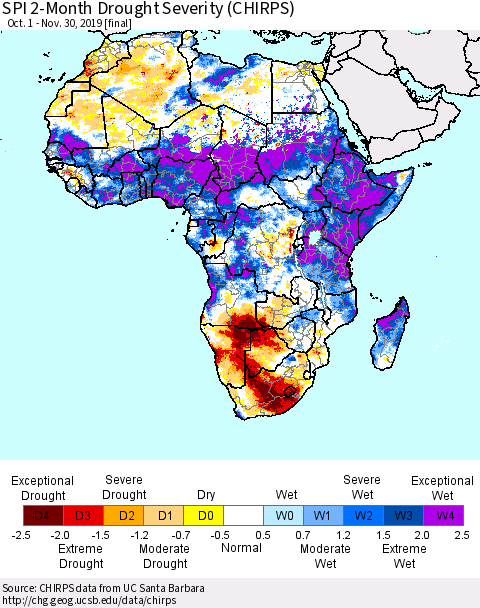Africa SPI 2-Month Drought Severity (CHIRPS) Thematic Map For 10/1/2019 - 11/30/2019