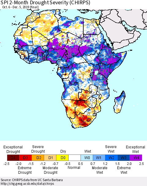 Africa SPI 2-Month Drought Severity (CHIRPS) Thematic Map For 10/6/2019 - 12/5/2019