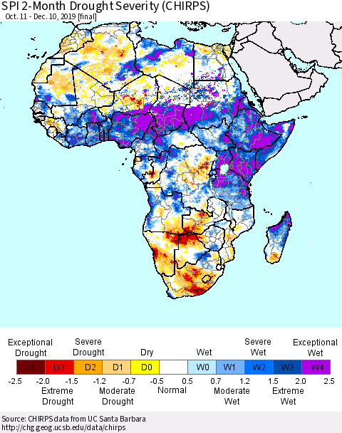 Africa SPI 2-Month Drought Severity (CHIRPS) Thematic Map For 10/11/2019 - 12/10/2019