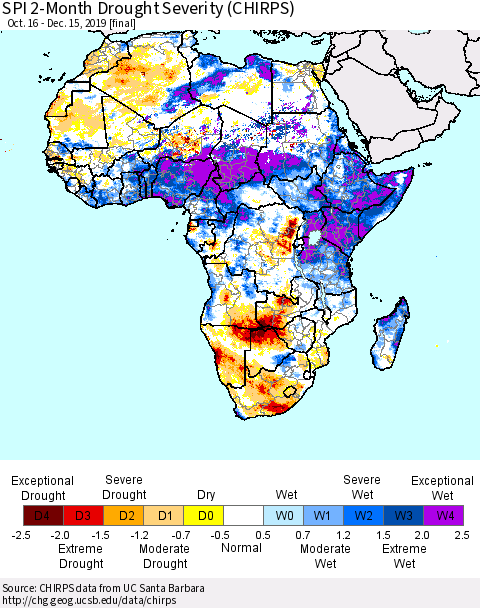Africa SPI 2-Month Drought Severity (CHIRPS) Thematic Map For 10/16/2019 - 12/15/2019