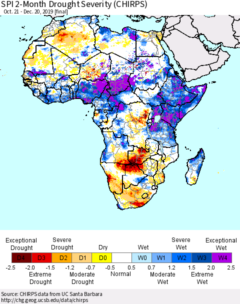 Africa SPI 2-Month Drought Severity (CHIRPS) Thematic Map For 10/21/2019 - 12/20/2019