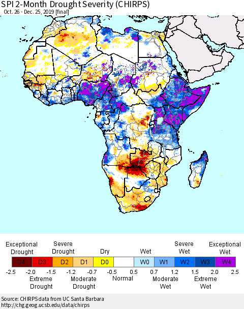 Africa SPI 2-Month Drought Severity (CHIRPS) Thematic Map For 10/26/2019 - 12/25/2019
