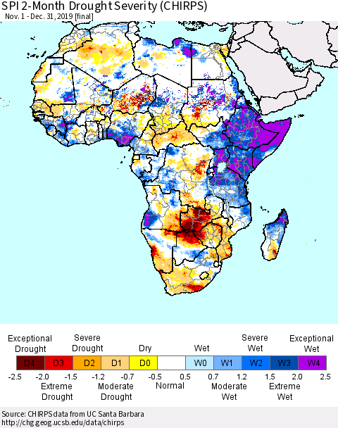 Africa SPI 2-Month Drought Severity (CHIRPS) Thematic Map For 11/1/2019 - 12/31/2019