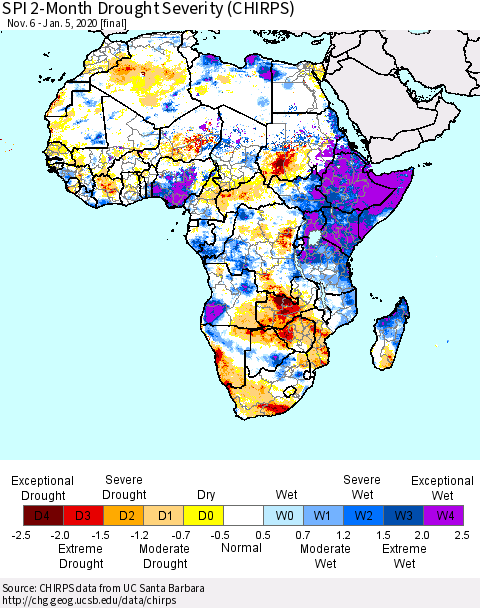 Africa SPI 2-Month Drought Severity (CHIRPS) Thematic Map For 11/6/2019 - 1/5/2020