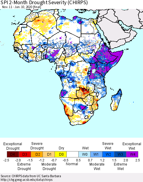 Africa SPI 2-Month Drought Severity (CHIRPS) Thematic Map For 11/11/2019 - 1/10/2020