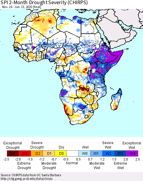 Africa SPI 2-Month Drought Severity (CHIRPS) Thematic Map For 11/16/2019 - 1/15/2020