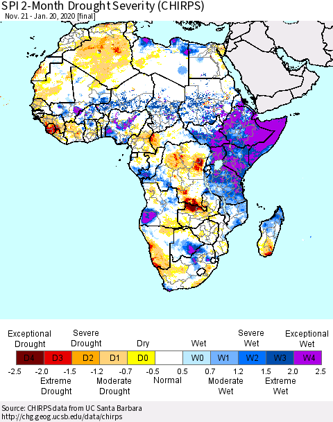 Africa SPI 2-Month Drought Severity (CHIRPS) Thematic Map For 11/21/2019 - 1/20/2020