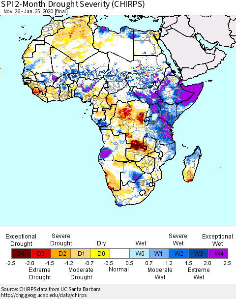 Africa SPI 2-Month Drought Severity (CHIRPS) Thematic Map For 11/26/2019 - 1/25/2020