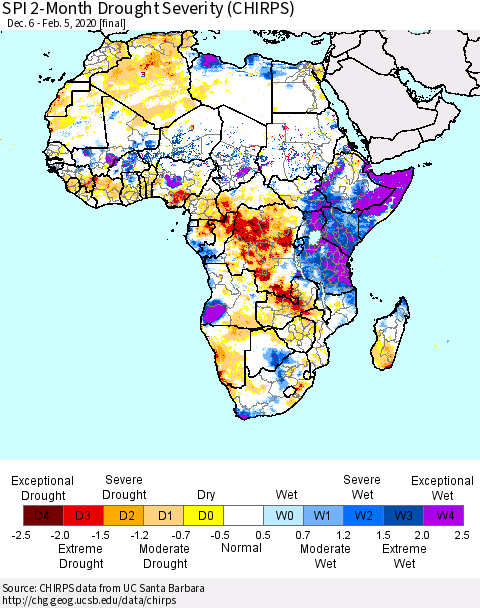 Africa SPI 2-Month Drought Severity (CHIRPS) Thematic Map For 12/6/2019 - 2/5/2020