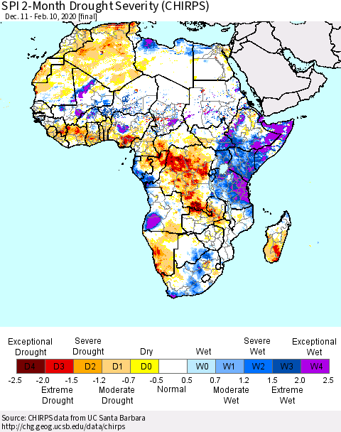 Africa SPI 2-Month Drought Severity (CHIRPS) Thematic Map For 12/11/2019 - 2/10/2020