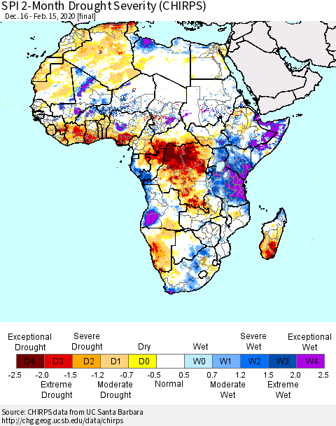 Africa SPI 2-Month Drought Severity (CHIRPS) Thematic Map For 12/16/2019 - 2/15/2020
