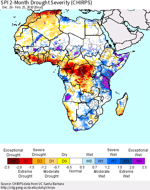 Africa SPI 2-Month Drought Severity (CHIRPS) Thematic Map For 12/26/2019 - 2/25/2020