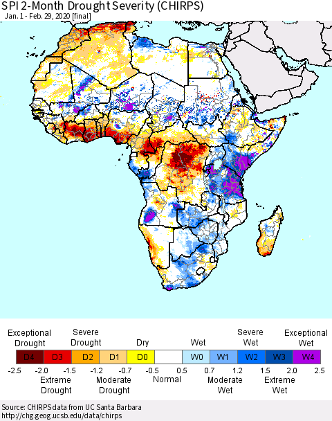 Africa SPI 2-Month Drought Severity (CHIRPS) Thematic Map For 1/1/2020 - 2/29/2020