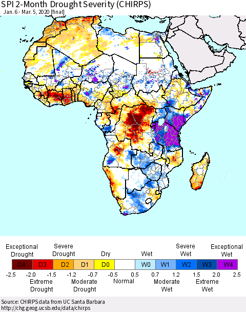 Africa SPI 2-Month Drought Severity (CHIRPS) Thematic Map For 1/6/2020 - 3/5/2020