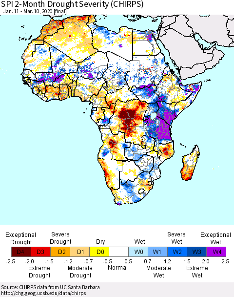 Africa SPI 2-Month Drought Severity (CHIRPS) Thematic Map For 1/11/2020 - 3/10/2020