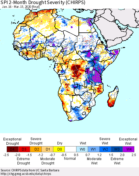 Africa SPI 2-Month Drought Severity (CHIRPS) Thematic Map For 1/16/2020 - 3/15/2020