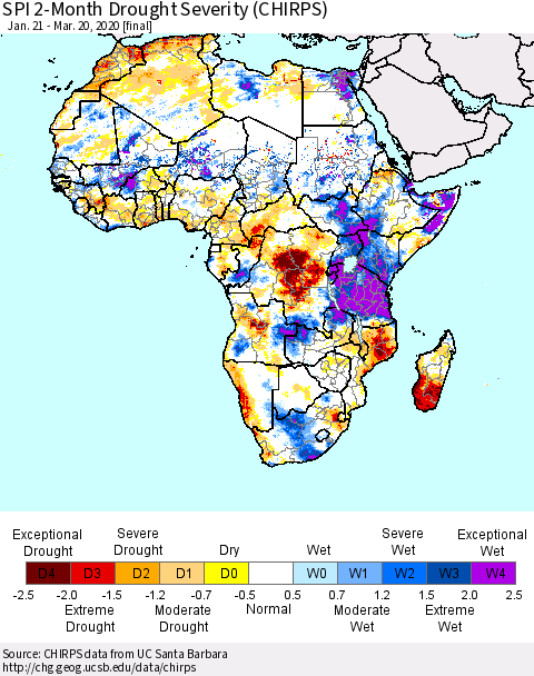 Africa SPI 2-Month Drought Severity (CHIRPS) Thematic Map For 1/21/2020 - 3/20/2020