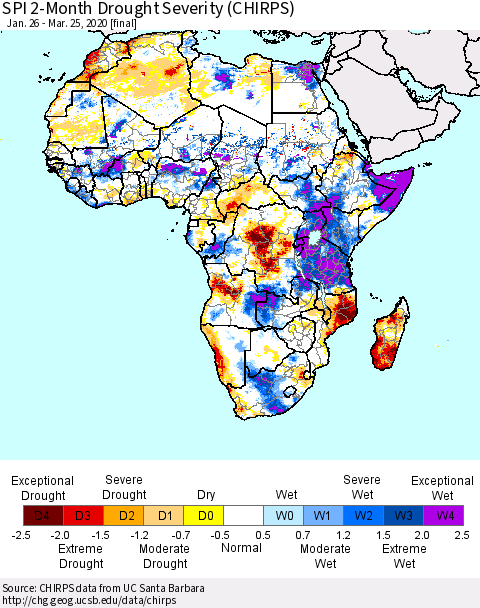Africa SPI 2-Month Drought Severity (CHIRPS) Thematic Map For 1/26/2020 - 3/25/2020