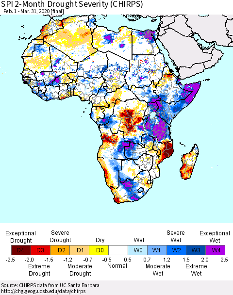 Africa SPI 2-Month Drought Severity (CHIRPS) Thematic Map For 2/1/2020 - 3/31/2020