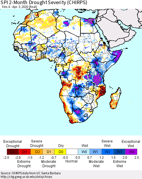 Africa SPI 2-Month Drought Severity (CHIRPS) Thematic Map For 2/6/2020 - 4/5/2020