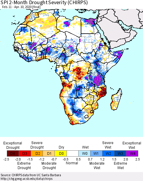 Africa SPI 2-Month Drought Severity (CHIRPS) Thematic Map For 2/11/2020 - 4/10/2020