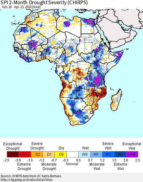 Africa SPI 2-Month Drought Severity (CHIRPS) Thematic Map For 2/16/2020 - 4/15/2020
