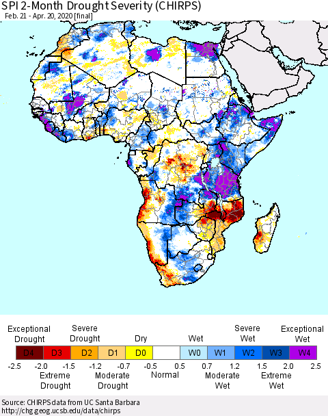 Africa SPI 2-Month Drought Severity (CHIRPS) Thematic Map For 2/21/2020 - 4/20/2020