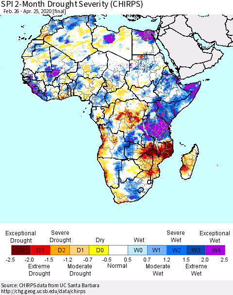 Africa SPI 2-Month Drought Severity (CHIRPS) Thematic Map For 2/26/2020 - 4/25/2020
