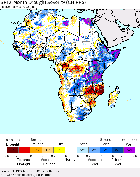 Africa SPI 2-Month Drought Severity (CHIRPS) Thematic Map For 3/6/2020 - 5/5/2020