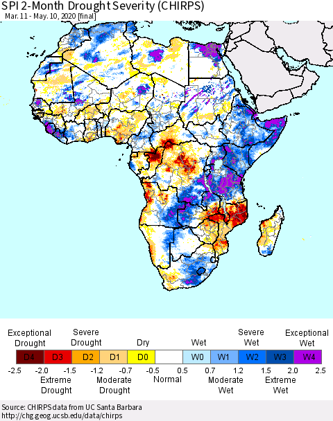 Africa SPI 2-Month Drought Severity (CHIRPS) Thematic Map For 3/11/2020 - 5/10/2020