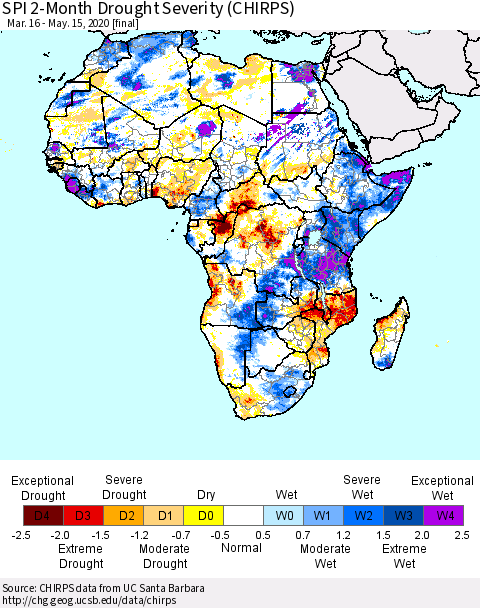 Africa SPI 2-Month Drought Severity (CHIRPS) Thematic Map For 3/16/2020 - 5/15/2020