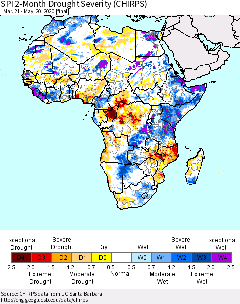 Africa SPI 2-Month Drought Severity (CHIRPS) Thematic Map For 3/21/2020 - 5/20/2020