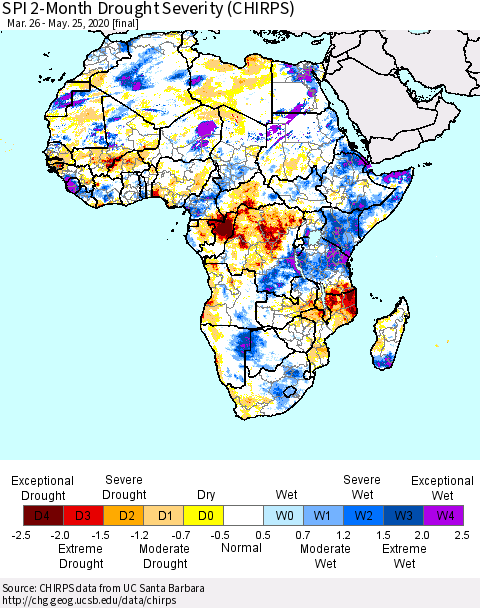Africa SPI 2-Month Drought Severity (CHIRPS) Thematic Map For 3/26/2020 - 5/25/2020