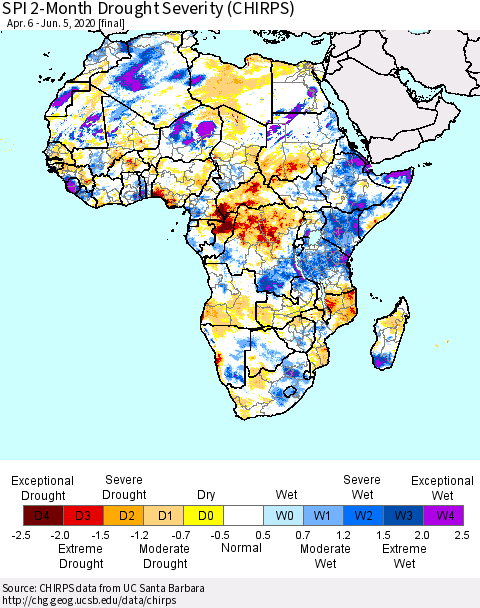 Africa SPI 2-Month Drought Severity (CHIRPS) Thematic Map For 4/6/2020 - 6/5/2020