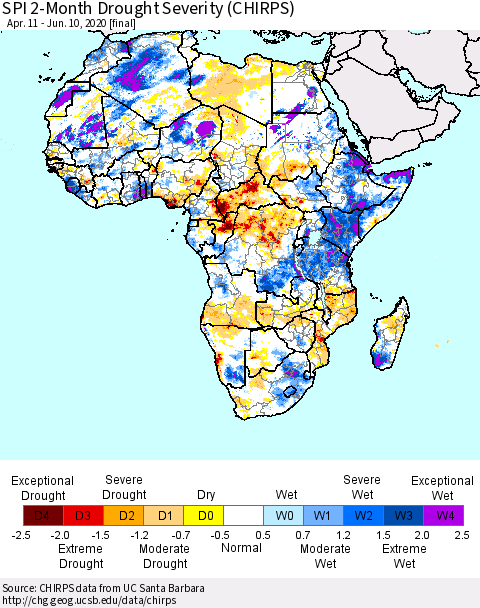 Africa SPI 2-Month Drought Severity (CHIRPS) Thematic Map For 4/11/2020 - 6/10/2020