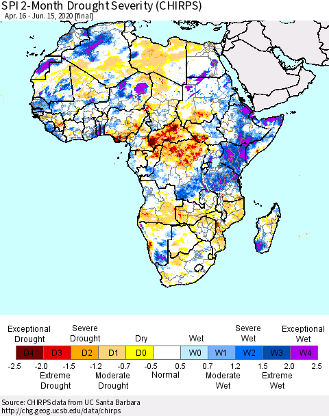 Africa SPI 2-Month Drought Severity (CHIRPS) Thematic Map For 4/16/2020 - 6/15/2020