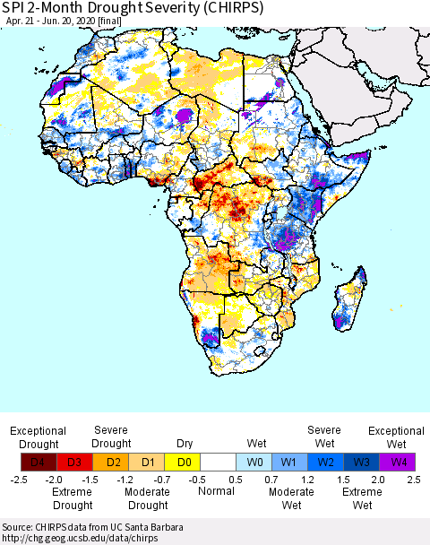 Africa SPI 2-Month Drought Severity (CHIRPS) Thematic Map For 4/21/2020 - 6/20/2020