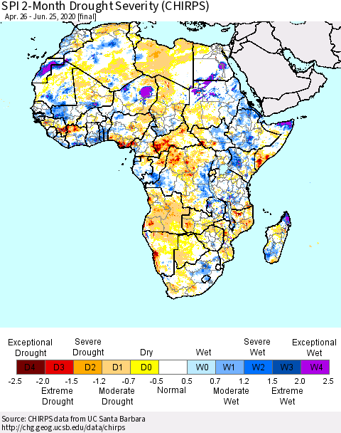 Africa SPI 2-Month Drought Severity (CHIRPS) Thematic Map For 4/26/2020 - 6/25/2020