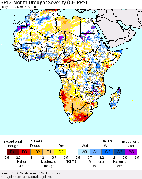 Africa SPI 2-Month Drought Severity (CHIRPS) Thematic Map For 5/1/2020 - 6/30/2020